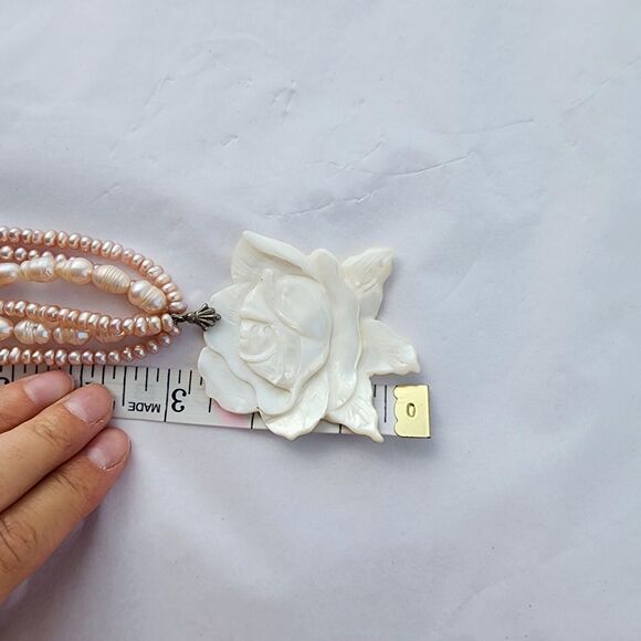 Sterling 925 Carved Mother Of Pearl Rose Pink Genuine Pearl Necklace  Choker - Picture 9 of 10